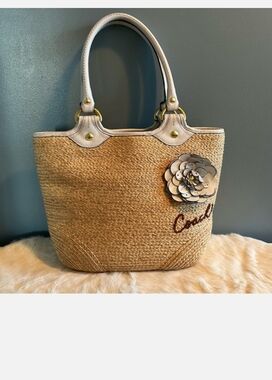 Coach Bleecker Natural Straw Leather Flower Tote